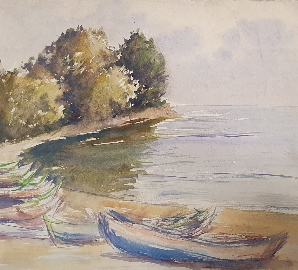 Vintage impressionist watercolor painting landscape seascape boats