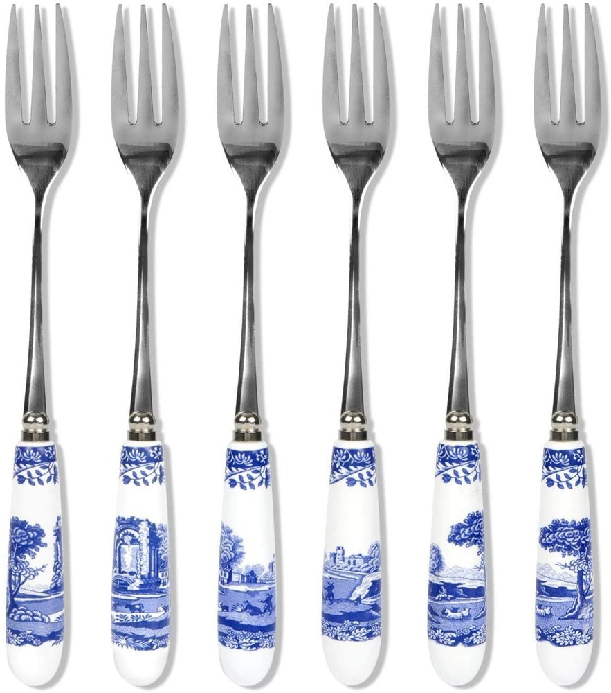 Blue Italian Collection Pastry Forks, Set of Six, Stainless Steel Fork, Porce...
