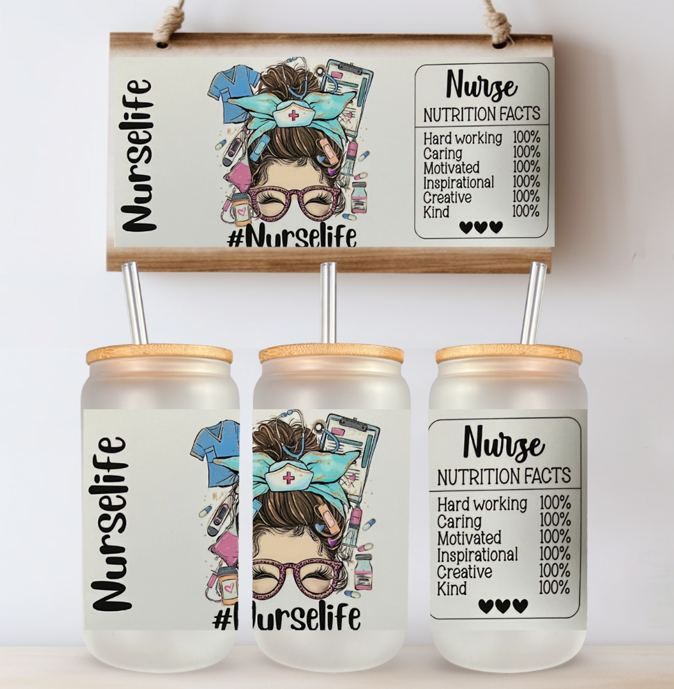 Nurse Life 16oz Glass Can Wood Lid Reusable Straw Iced Coffee Cup Nurse Gift