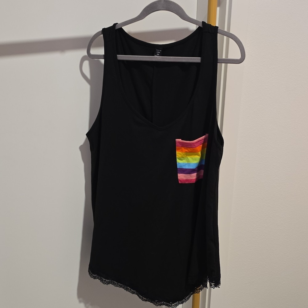 SHEIN Curve Women's 3XL Plus Black Sleeveless V-Neck Tank Rainbow Pocket Lace