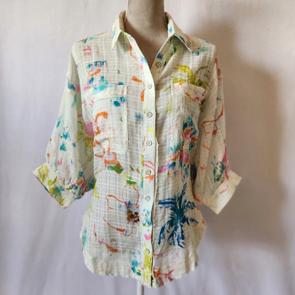 Pilcro Anthropologie Size Small Ivory Summer Vibrant Abstract Button Down Shirt