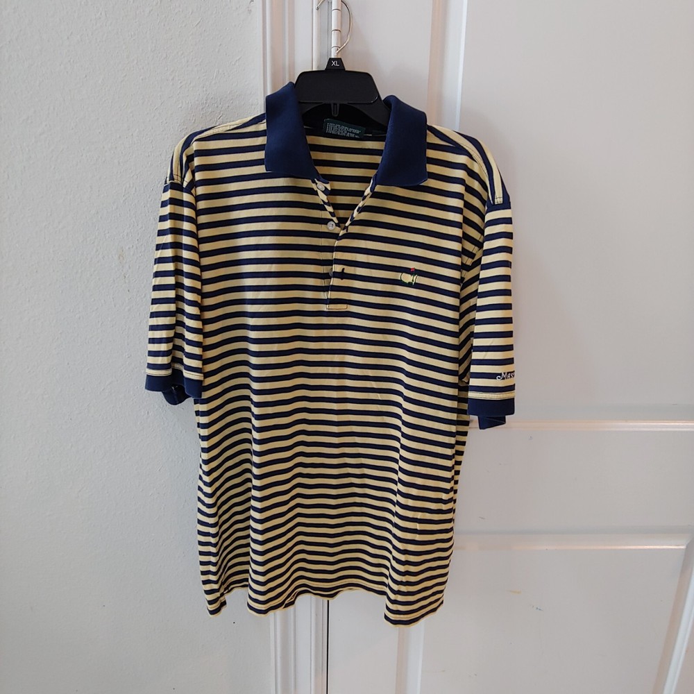 Masters Collection Mens Large Golf Polo Shirt Yellow Blue Striped Design