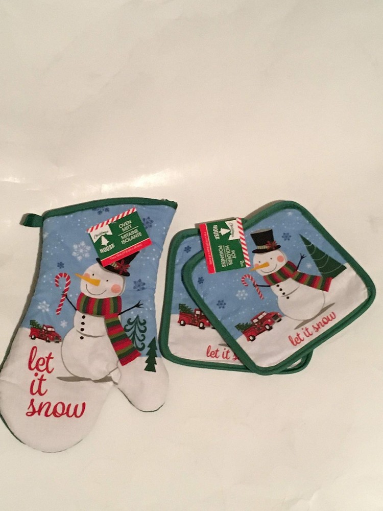 3 Piece Set - Christmas Holiday Kitchen Oven Mitt & One Set of 2 Pot Holders (Sn