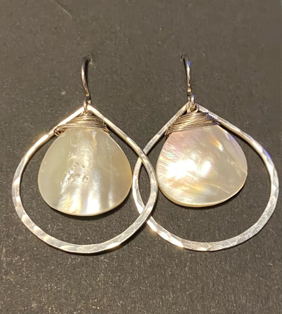 Bright Sterling Silver 925 & Mother of Pearl Dangle Drop Pierced Earrings