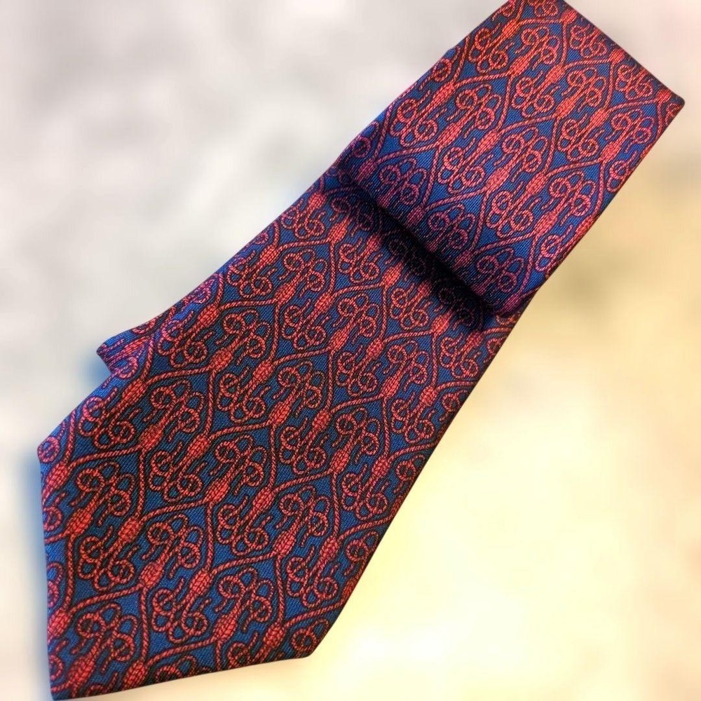HERMES Necktie Tie Navy 100% Silk Made in France All over rope pattern Authentic