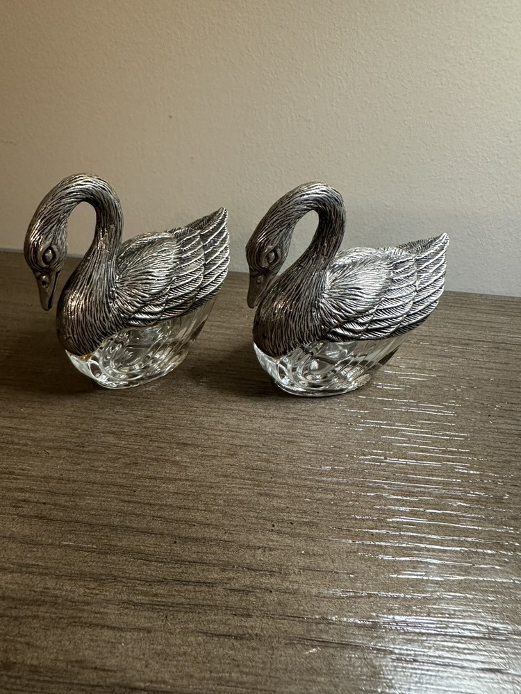 Vintage Swan Silver Glass Salt Pepper Shakers Rare Collectible
