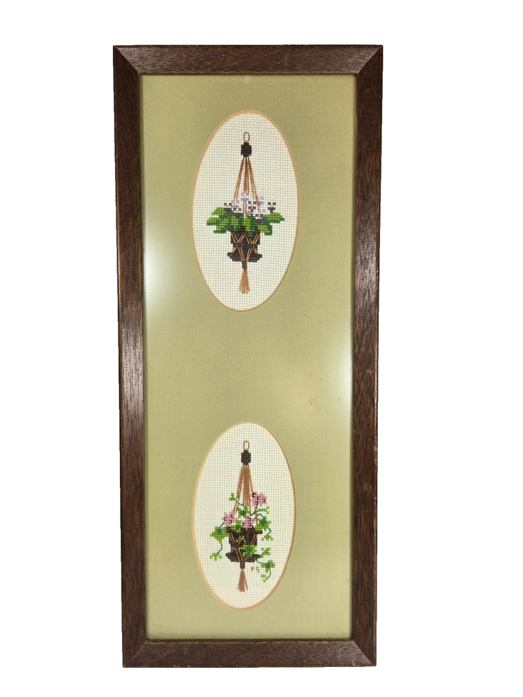 Vintage Embroidery, Framed, Plants in Hanging Vases Wall Art