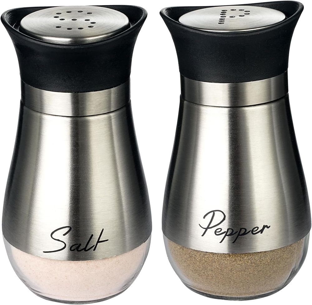 Glass Salt and Pepper Shakers Set with Stainless Steel Top and Clear Base
