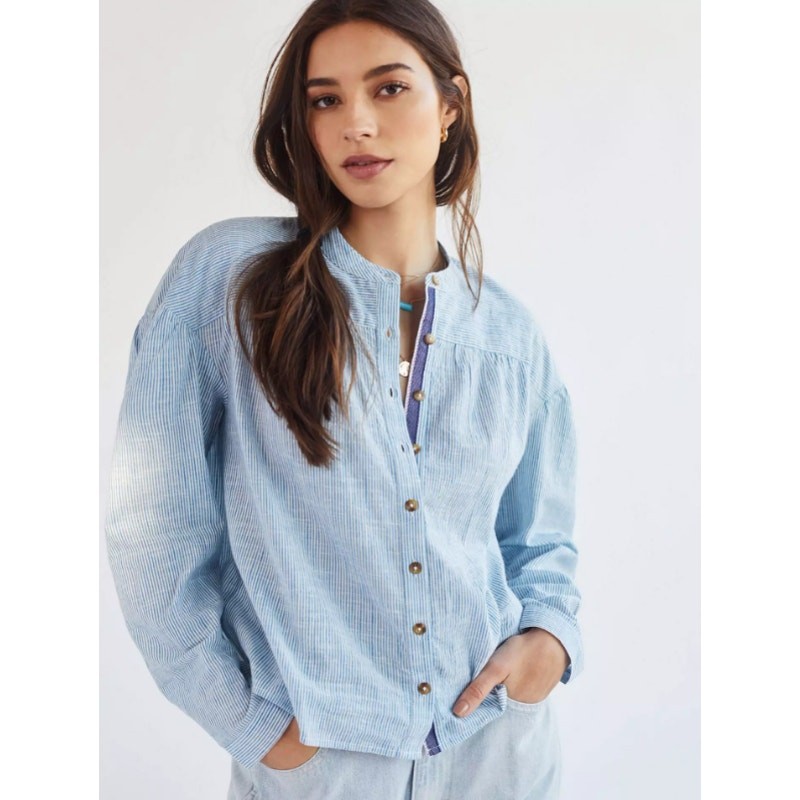 Pilcro Anthropologie Blue White Pinstripe Button Peasant Blouse Cotton Medium