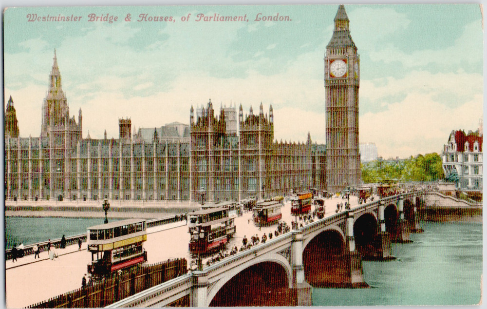 UK England London Westminster Bridge Houses Parliament 1905 Thames Tram Postcard
