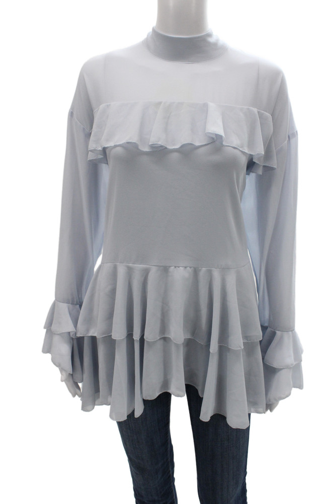 River Island Women Light Blue Boho Tunic Blouse Mock Neck Tie Longsleeve Size 8Free Shipping in US $100+ Orders | $6.95 Orders Below