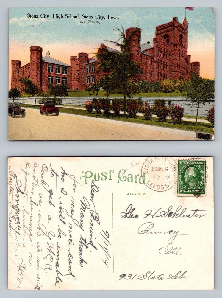 Sioux City, IA-Iowa, High School Red Brick Exterior with Cars Vintage Postcard