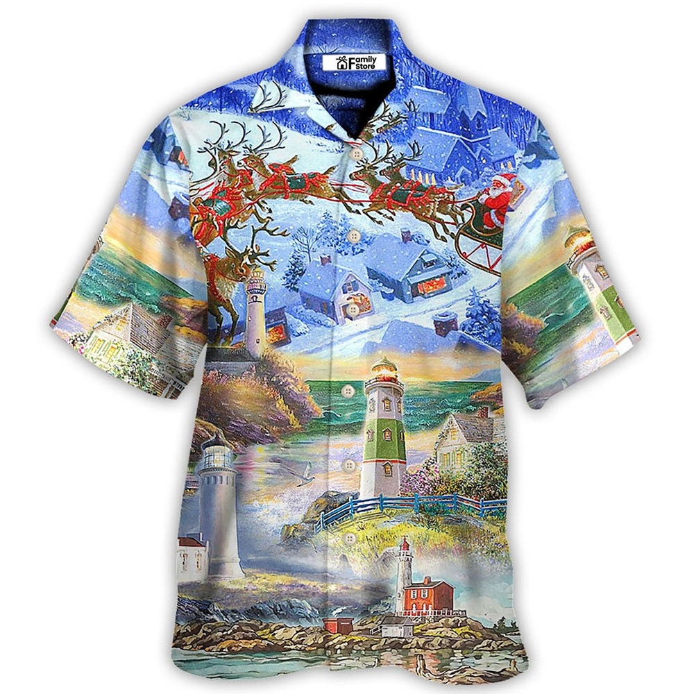 Lighthouse Christmas Santa Design Hawaiian Shirt with Festive Holiday Theme