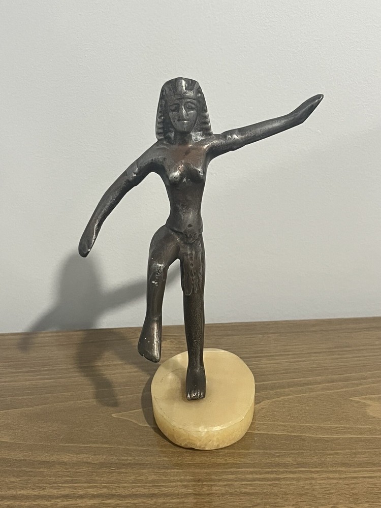 Art Deco Egyptian Bronze Brass Lady Statue on Marble Base