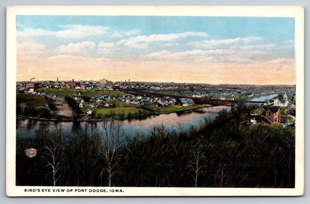 Postcard Fort Dodge Iowa IA Birds Eye View Of Town River Bridge