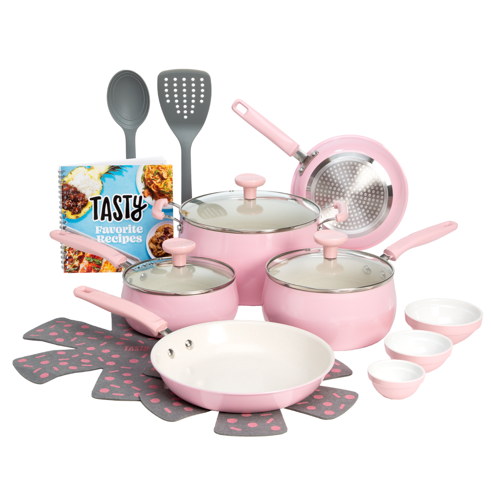 Tasty Clean Ceramic 16 Piece Non-Stick Aluminum Cookware Set, Pink