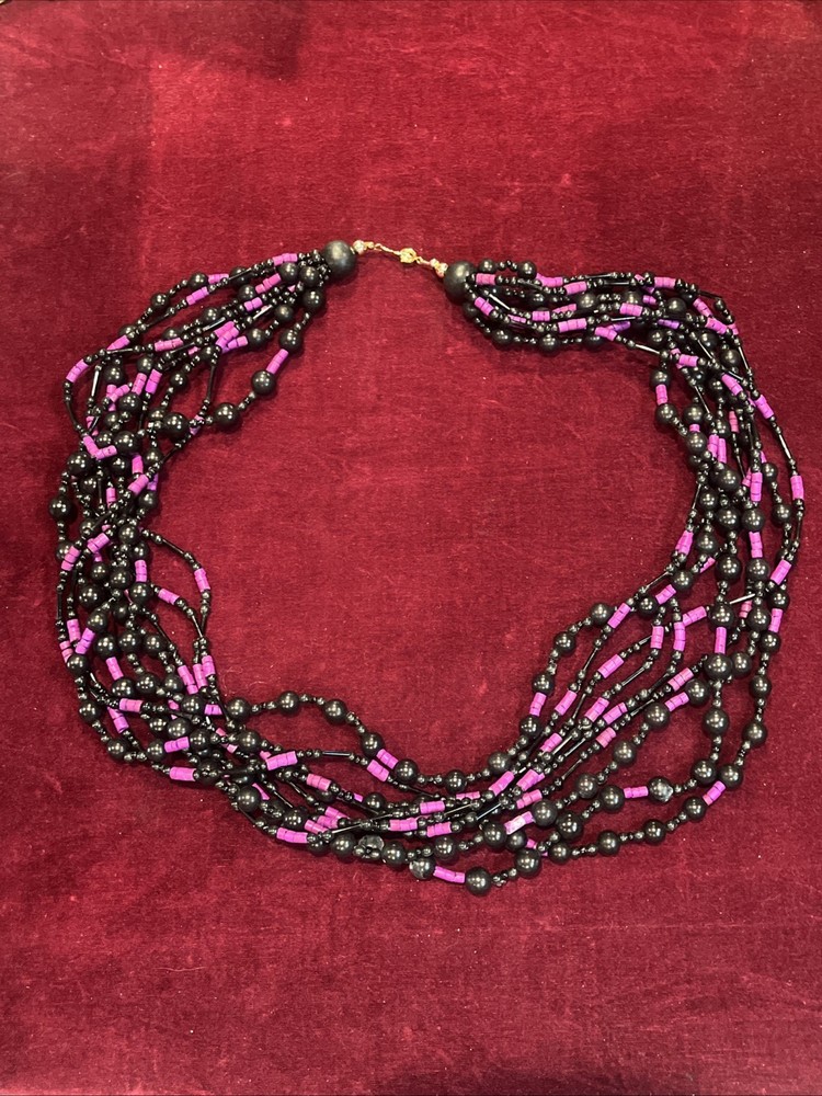 Multi Strand Black Purple Beaded Boho Vintage Gothic Bib Necklace 22”