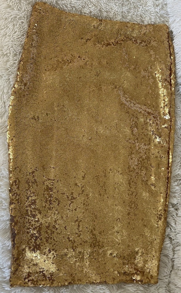 L'Vow Studio Knee Skirt All Over Gold Sequins NWT Holiday Stretch Glam Lg 26”