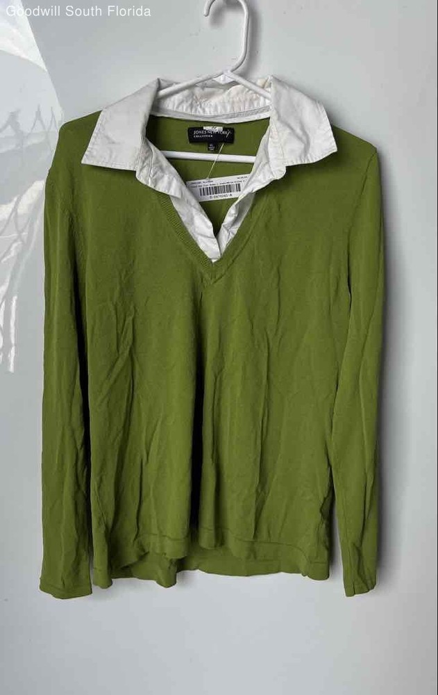 Jones New York Womens Green White Long Sleeve Collared Blouse Top Size XL