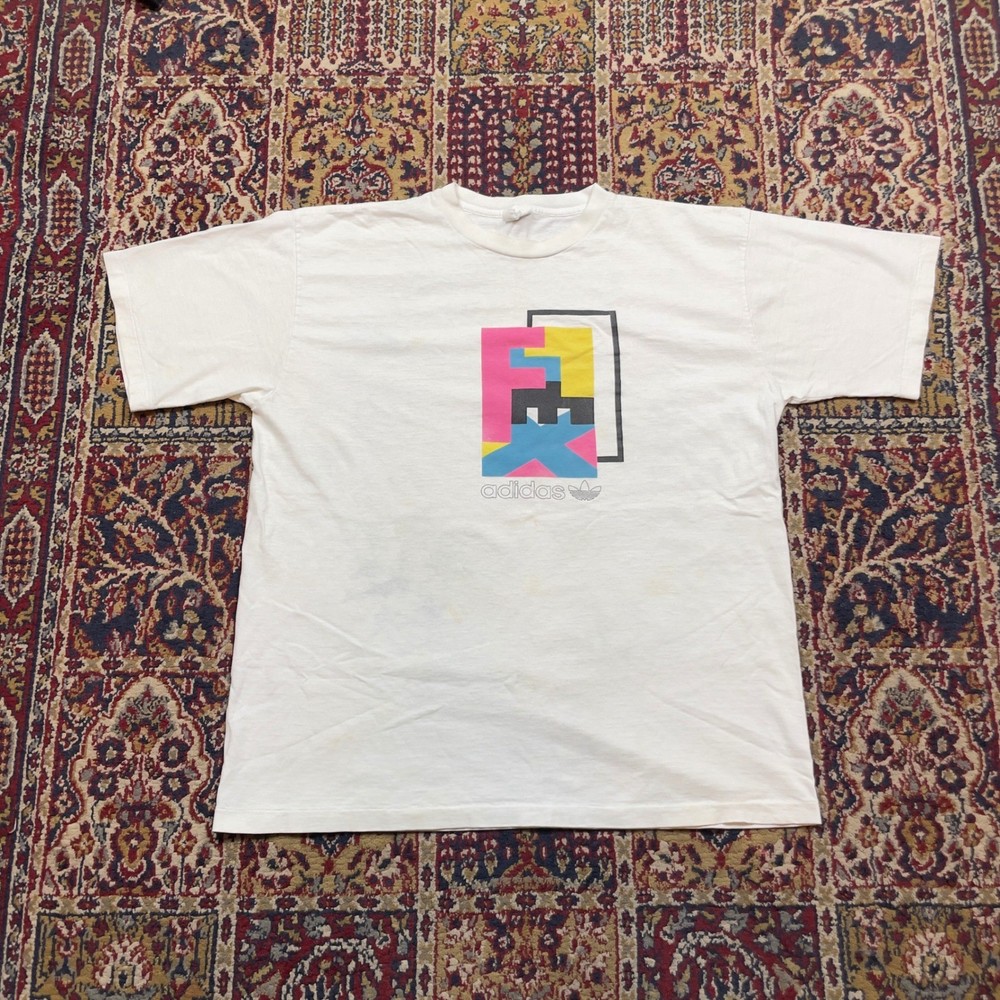 VTG 80s Adidas Trefoil Abstract Box Graphic T Shirt White L USA Single Stitch-image
