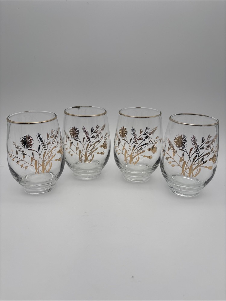 Vtg Libbey Gold Wheat Tumbler Stemless Drinking Glasses Set of 4 Lowball Barwear