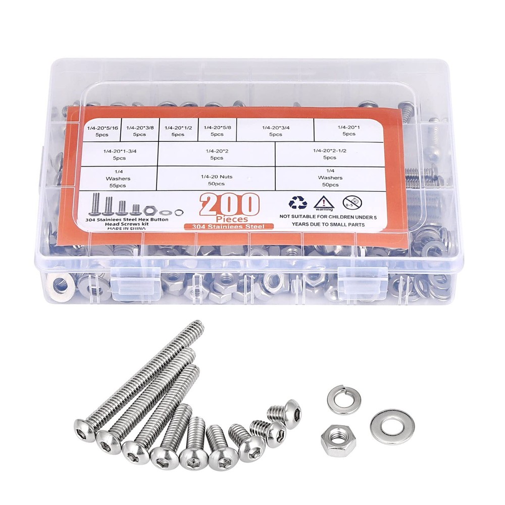 200PCS 1/4''-20 Stainless Steel Hex Head Screws Bolts and Nuts Flat & Lock Wa...