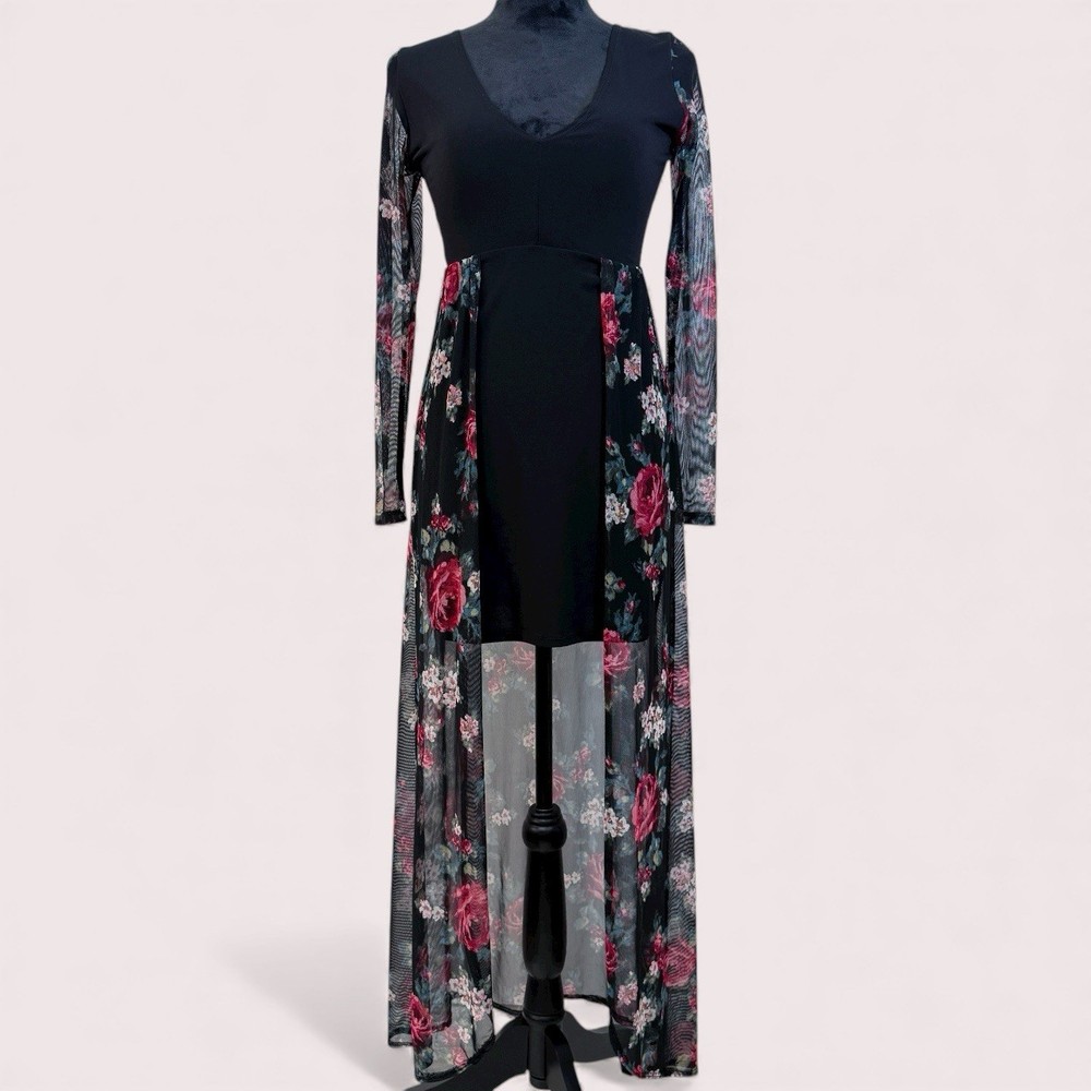 Vintage Black Mini Dress Floral Mesh Maxi Overlay Small Whimsigoth Fairy Grunge