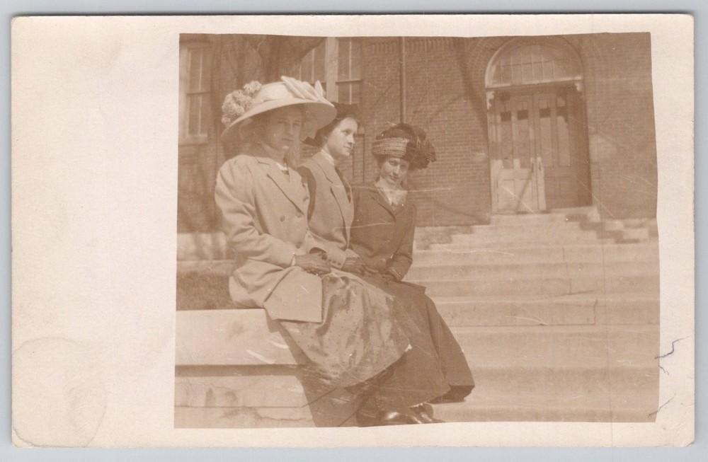 RPPC Three Edwardian Women Big Hats College Steps 1910s Real Photo Postcard