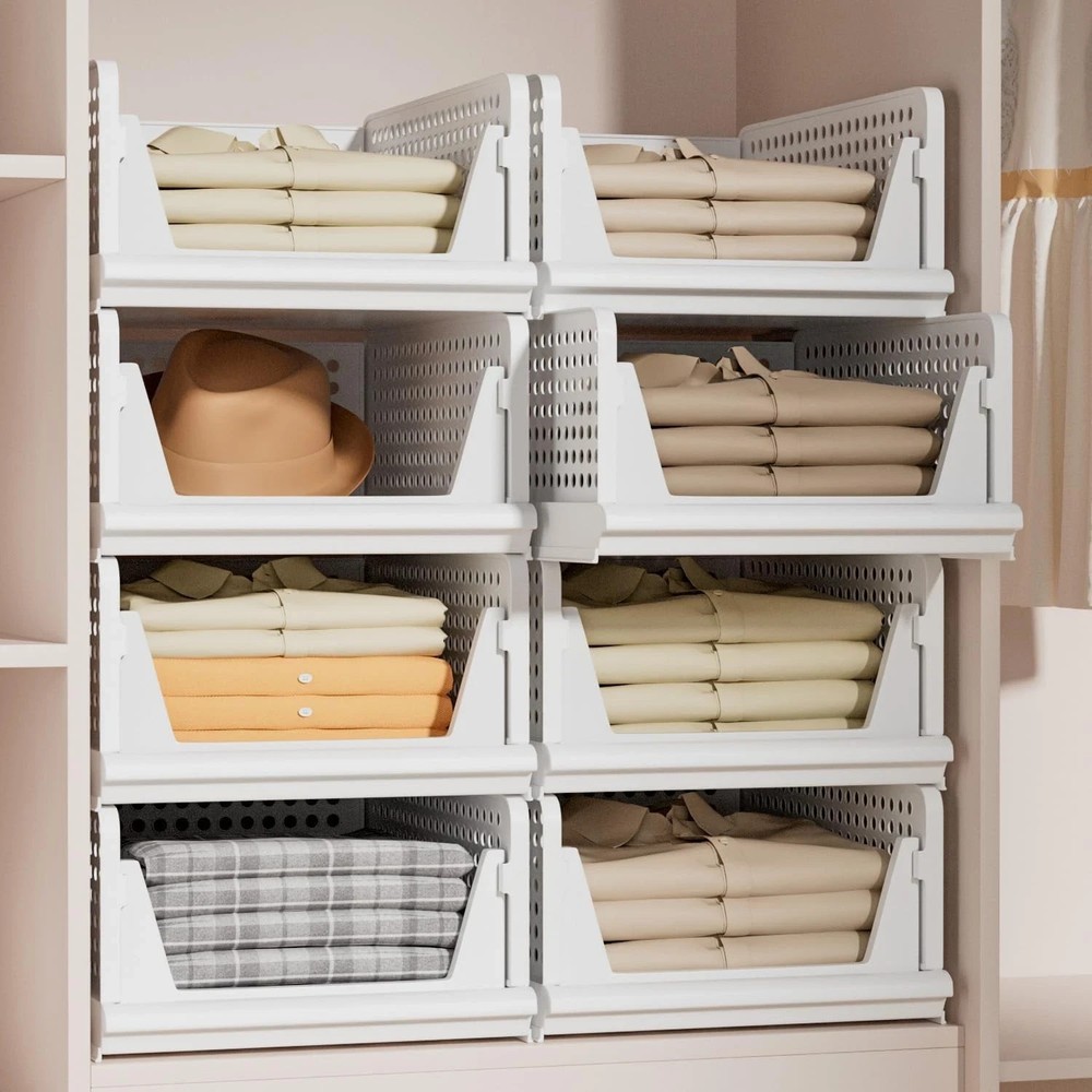 Stackable Plastic Storage Basket Closet Organizer Bin 4 Pack 4 L, White