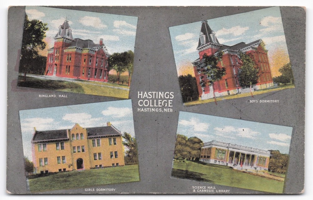 Hastings College Nebraska Multi-View Postcard Ringland Hall Dorms Library