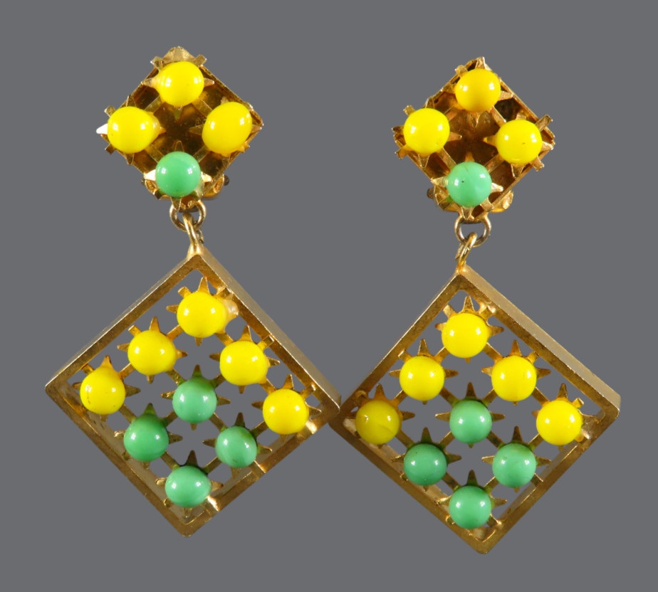 VTG Clip-On Dangle Earrings GOLD TONE Green/Yellow Polka-Dots STARBURST GEO GRID
