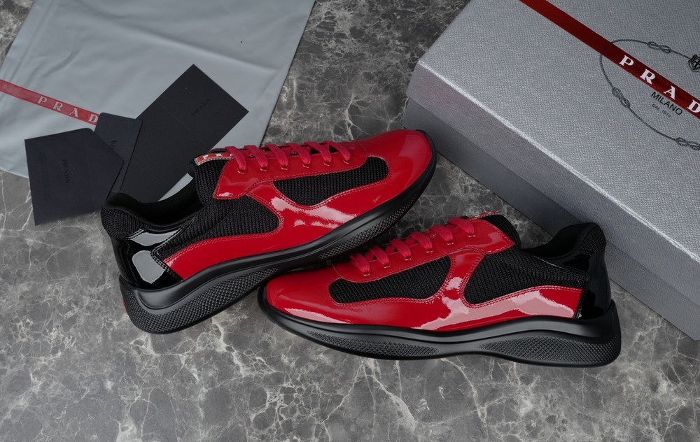 Men Prada American's cup Platform Sneakers Red Patent Leather Black Mesh Low Top