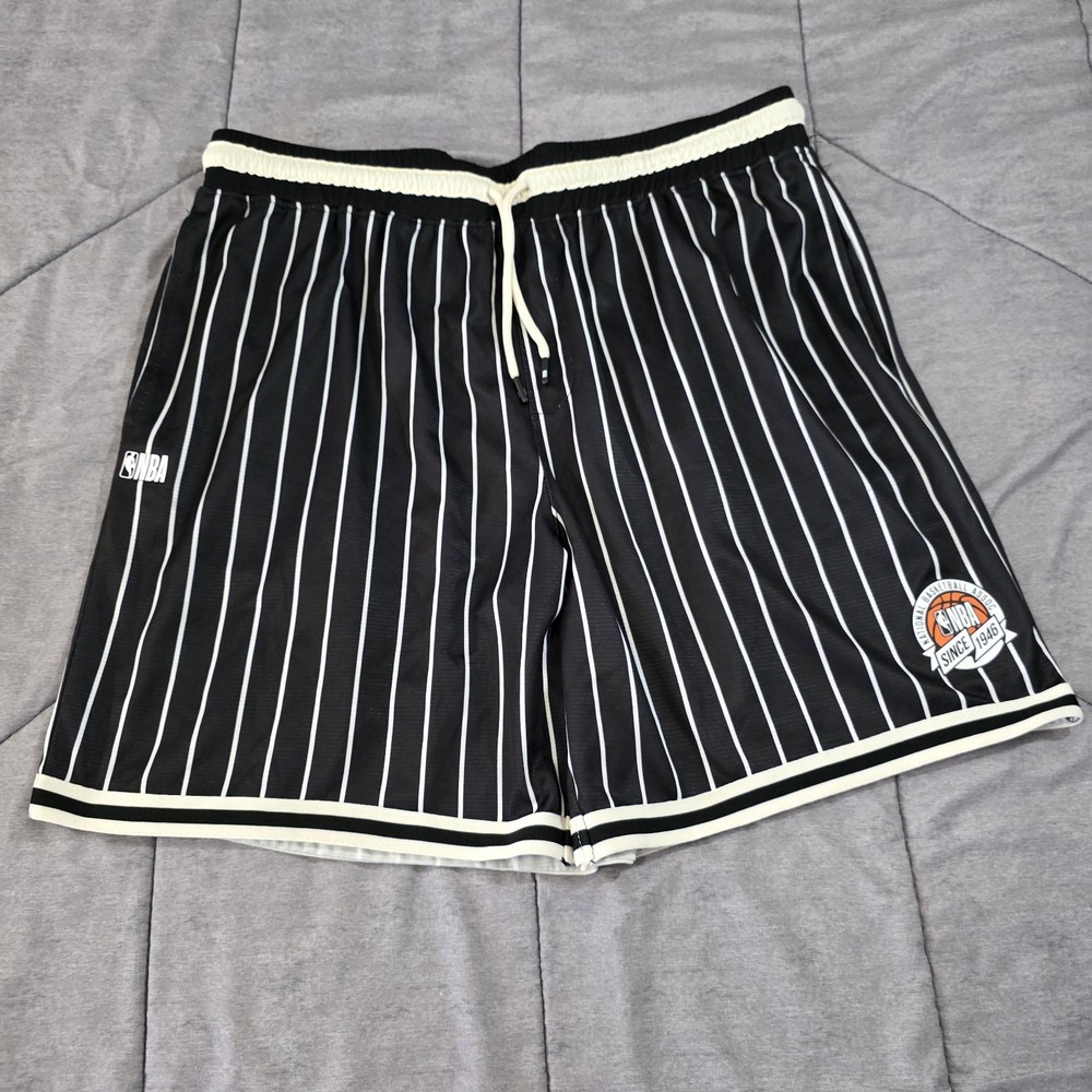 NBA Drawstring Basketball Shorts Men's XL Black With White Stripes Stretch