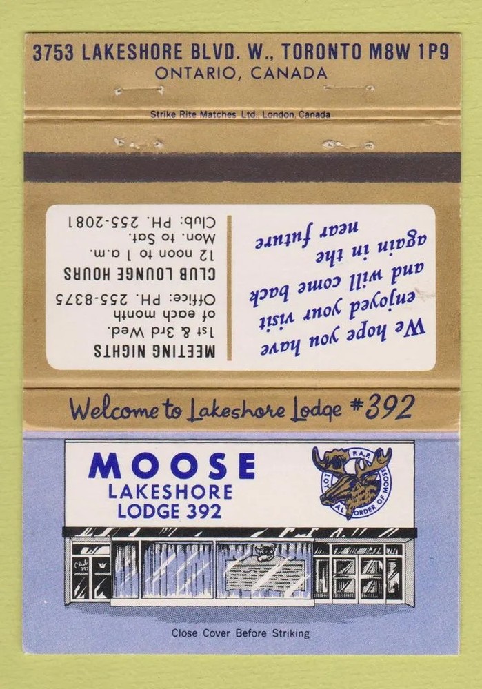Matchbook Cover - Moose Lodge Toronto ON 40 Strike