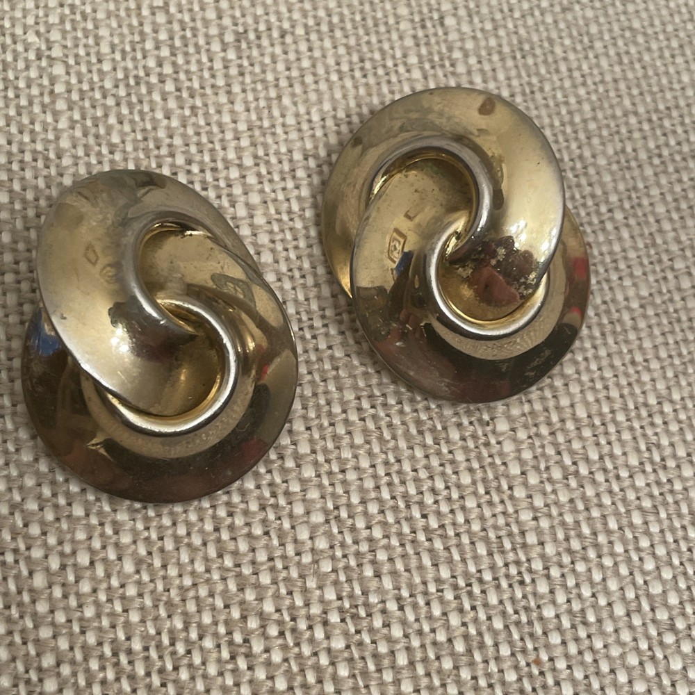 Gold Tone 80s Swirl Knot Link Chunky Big Vintage Clip On Earrings Retro