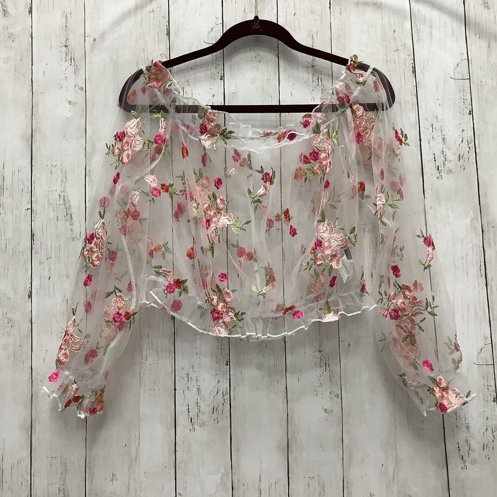 2XL Sheer White Mesh Floral Embroidered Long Sleeve Top - Boho Flower Mesh Shirt