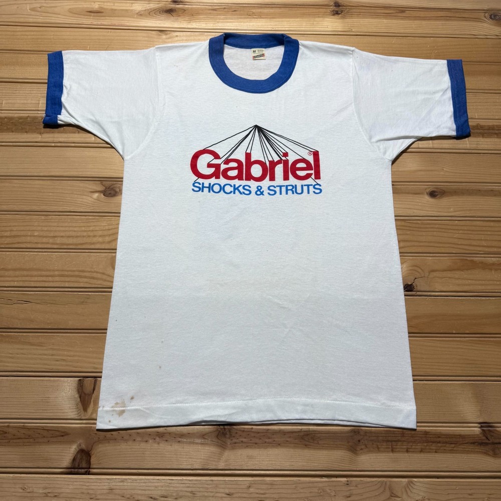 Vintage 80s Gabriel Shocks & Struts Automotive Graphic Ringer T-Shirt USA Medium
