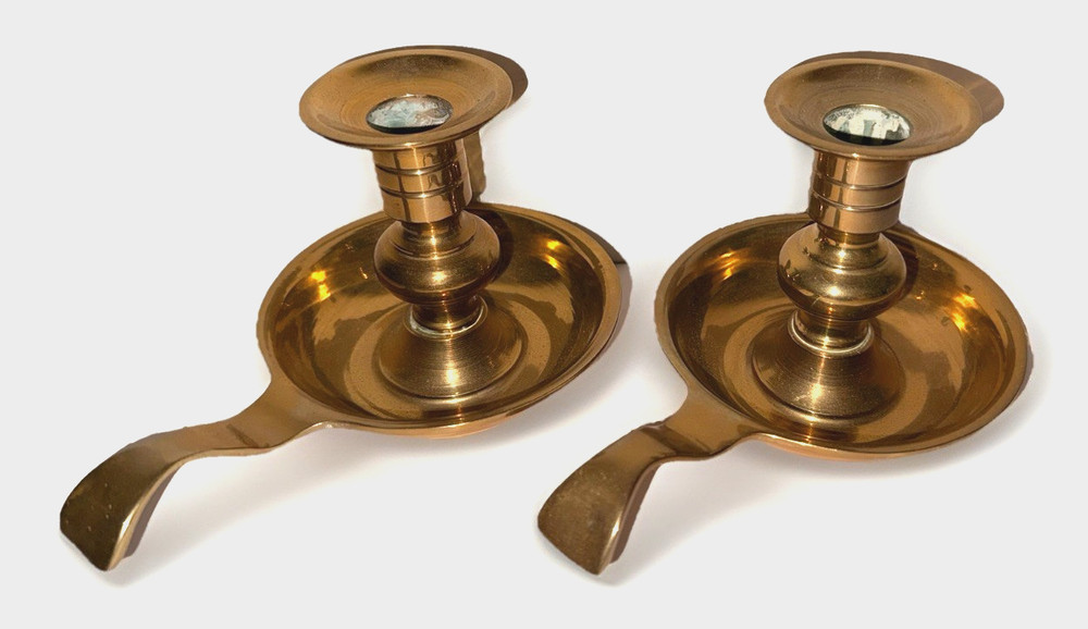 Solid Brass Candlestick Chamberstick Candle Holders Antique Pair of 2