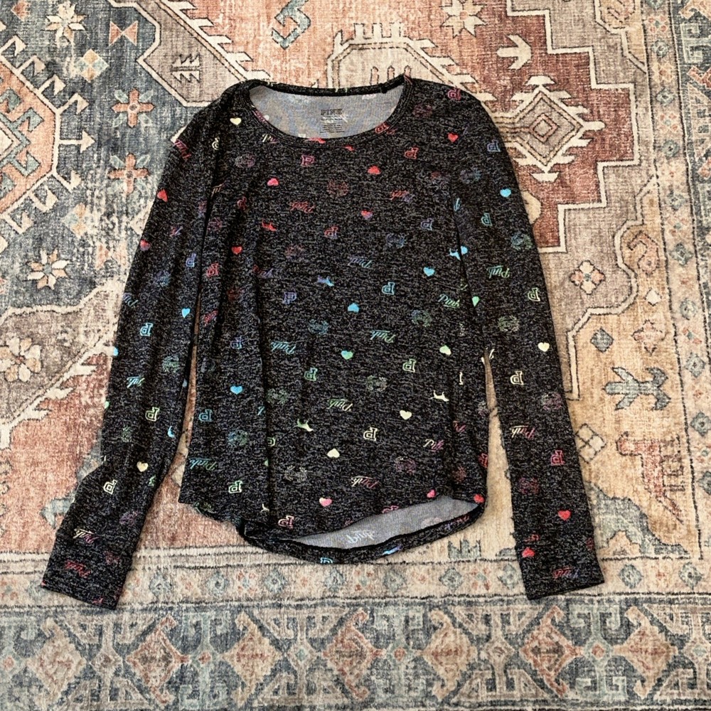 PINK Victoria Secrets Women’s Long Sleeve Shirt Black With Color Size XS