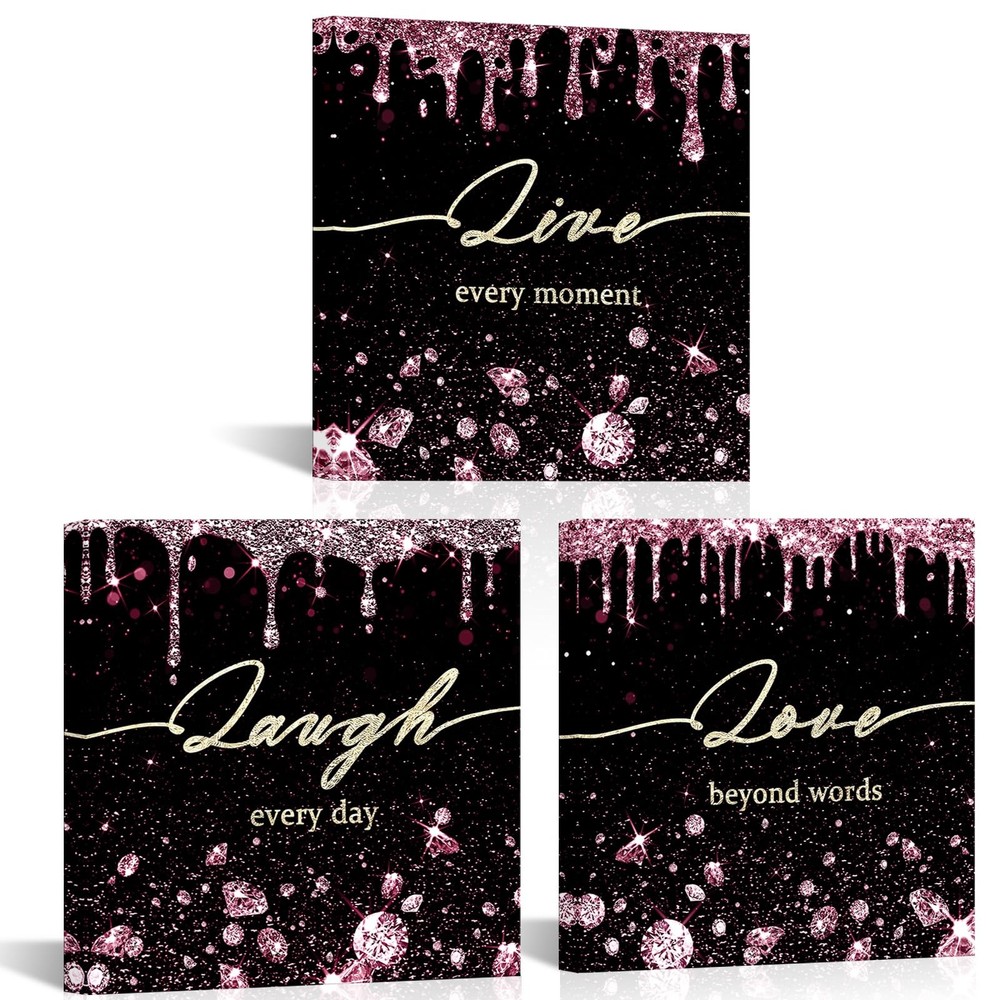 Pink Glam Canvas Wall Art Laugh Live Love Inspirational 3 Pictures Frame Fash...