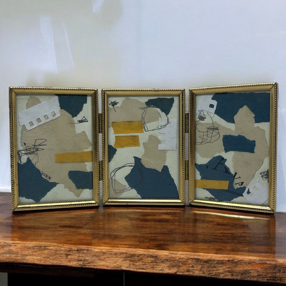 Original Framed Mixed Media Art Collage Triptych 5x11 