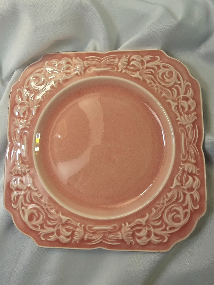 vintage Canonsburg Pottery pink earthenware plate raised floral design
