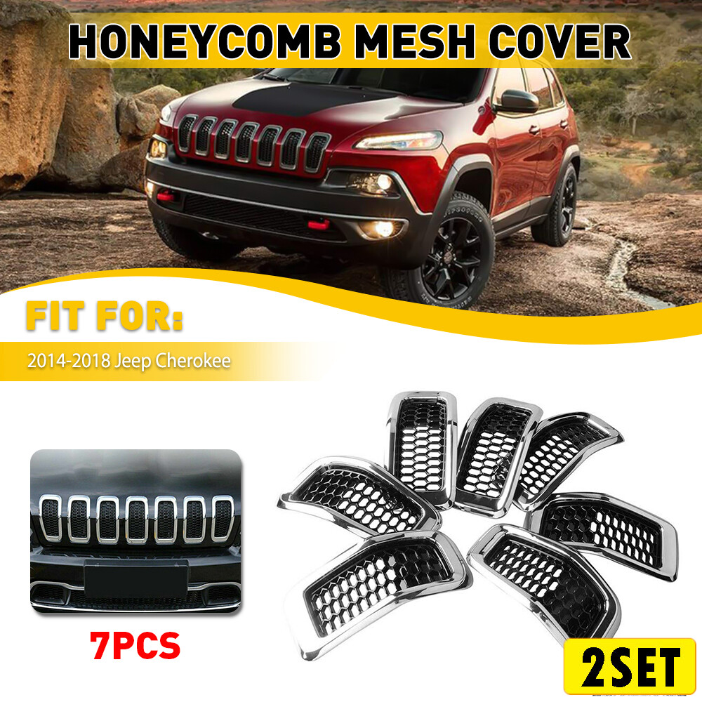 14X Honeycomb Mesh Grille Grill Inserts Chrome Black For Jeep Cherokee 2014-2018
