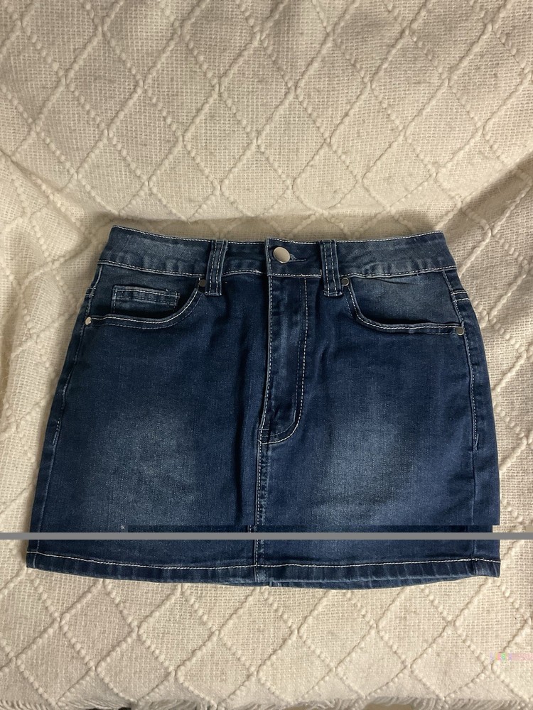 Blue Denim Mini Skirt for Women with Embroidered Back Pockets and Button Closure