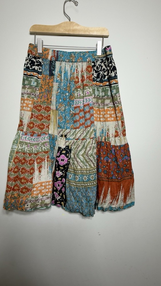 Boho Patchwork Midi Skirt Elastic Waist Floral Block Print Bohemian Hippie