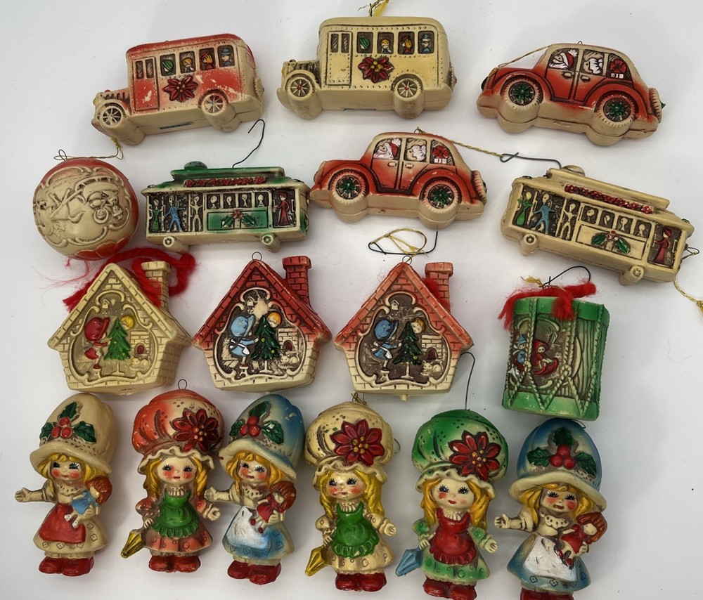 Lot Of 17 Vintage Blow Mold Hollow Plastic Christmas Ornaments Kitschy Japan