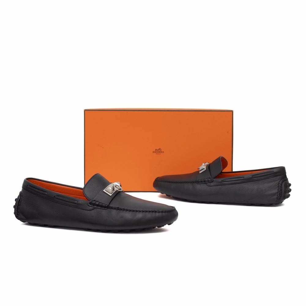 Hermes Men’s Black Leather Irving Collier de Chien Driving Loafers Size 43 US10