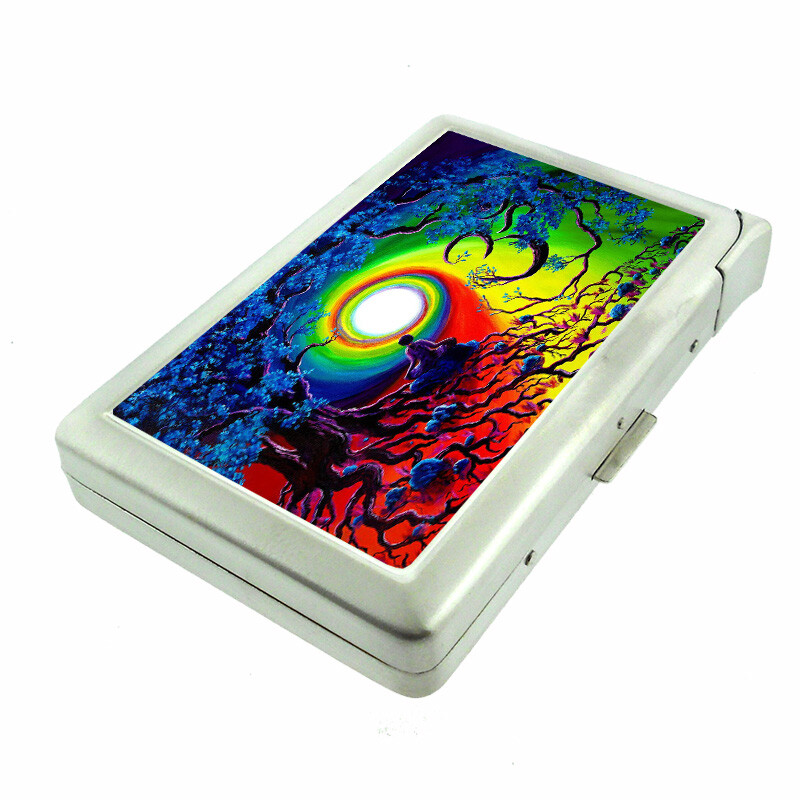Meditation Em1 100's Size Cigarette Case with Built in Lighter Metal Wallet