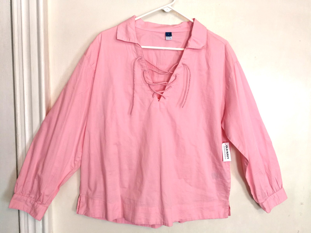Old Navy Womens Blouse L Pink V-Neck Tie Neck Shirt Top Long Sleeve Boho Office
