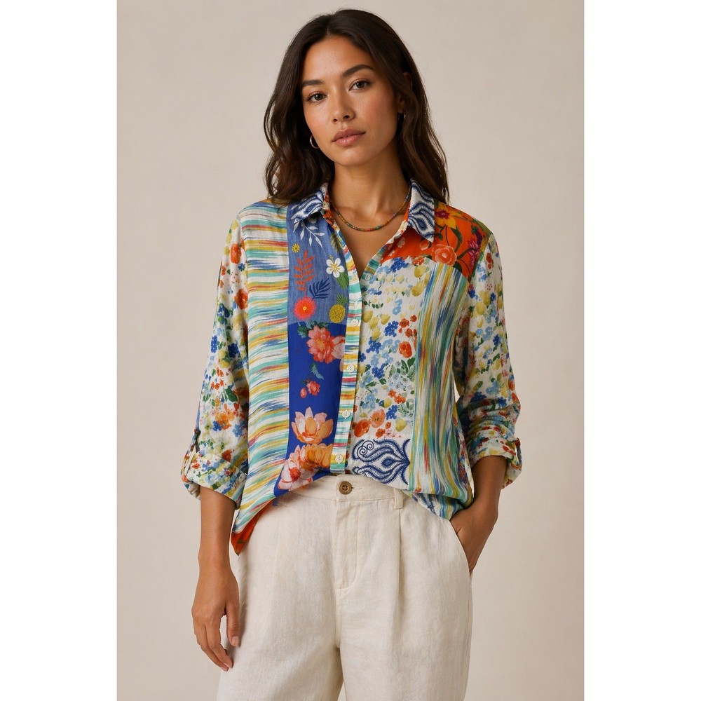 John Mark Mixed Media Patchwork Floral Button Down Tunic Top Womens Large Boho